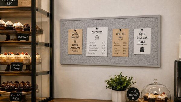 Textilní (filcová) nástěnka 120 × 60 cm, světle šedá, ve světle šedém dřevěném rámu, TFLIGHTG126G