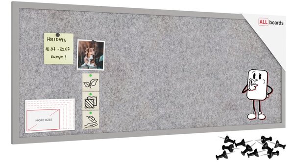 Textilní (filcová) nástěnka 120 × 60 cm, světle šedá, ve světle šedém dřevěném rámu, TFLIGHTG126G