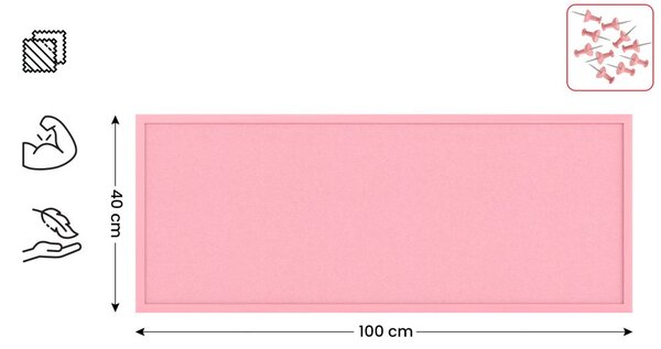 Textilní (filcová) nástěnka růžová 100x40cm, v růžovém dřevěném rámu, TFPINK104P