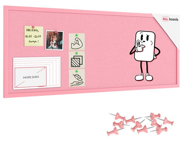 Textilní (filcová) nástěnka růžová 100x40cm, v růžovém dřevěném rámu, TFPINK104P