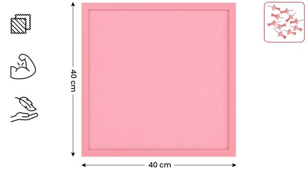 Textilní (filcová) nástěnka růžová  40 × 40 cm, v růžovém dřevěném rámu, TFPINK44P