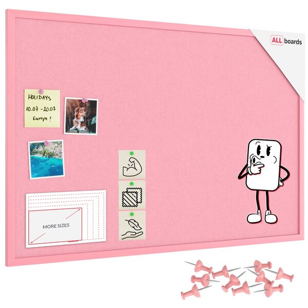 Textilní (filcová) nástěnka růžová  90 × 60 cm, v růžovém dřevěném rámu,TFPINK96P