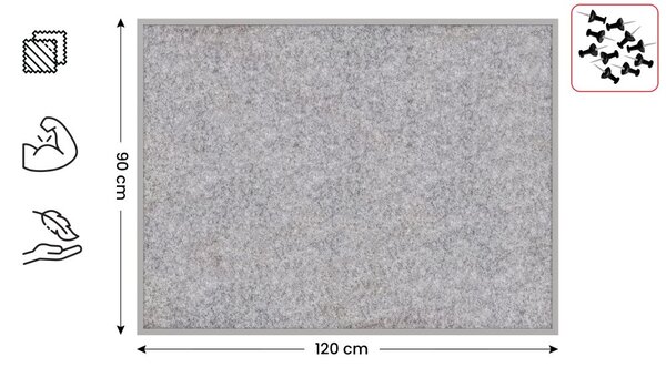 Textilní (filcová) nástěnka 120x90 cm, světle šedá, ve světle šedém dřevěném rámu, TFLIGHTG129G