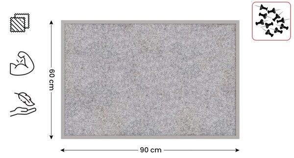 Textilní (filcová) nástěnka 90x60 cm, světle šedá, ve světle šedém dřevěném rámu, TFLIGHTG96G