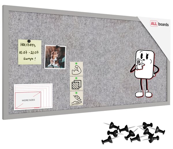 Textilní (filcová) nástěnka 80 × 40 cm, světle šedá, ve světle šedém dřevěném rámu, TFLIGHTG84G