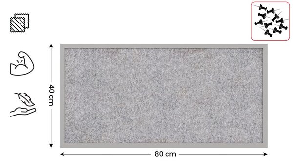 Textilní (filcová) nástěnka 80 × 40 cm, světle šedá, ve světle šedém dřevěném rámu, TFLIGHTG84G