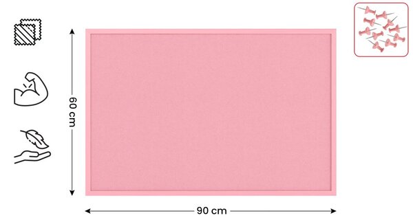 Textilní (filcová) nástěnka růžová  90 × 60 cm, v růžovém dřevěném rámu,TFPINK96P