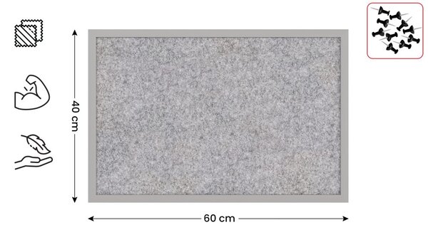 Textilní (filcová) nástěnka 60x40 cm, světle šedá, ve světle šedém dřevěném rámu, TFLIGHTG64G