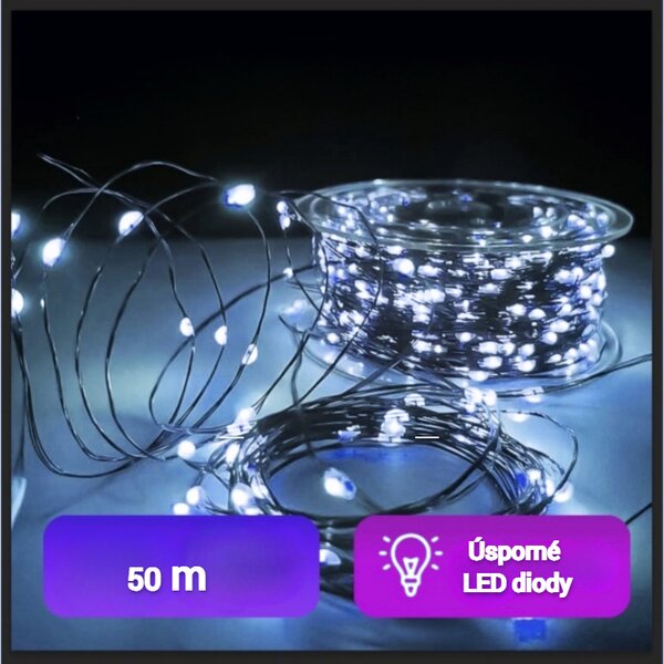 Venkovní vánoční mikro řetěz, studená bílá, 50m, 500 LED, 8 programů