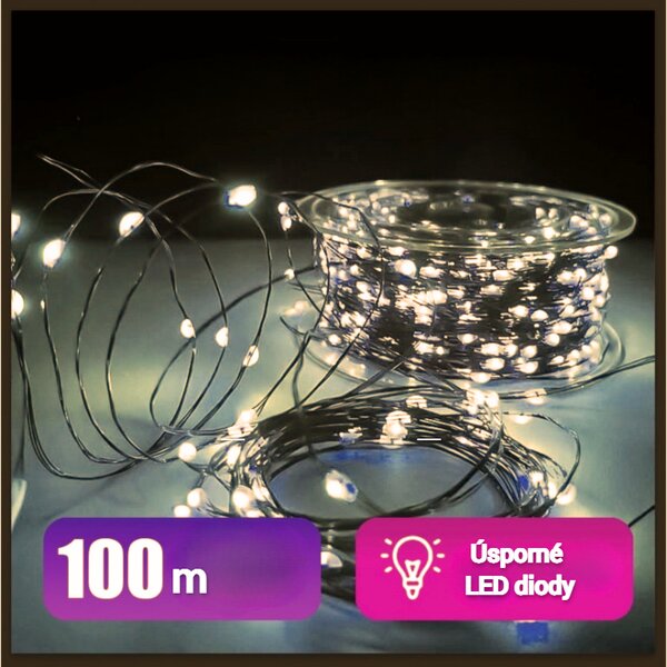 Venkovní vánoční mikro řetěz, teplá bílá, 100m, 1000 LED, 8 programů