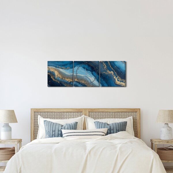 Obraz - Modrá mramorová abstrakce (s hodinami) (90x30 cm)