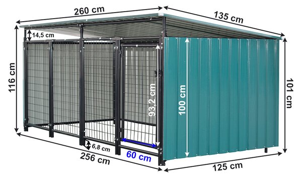 KONDELA Voliéra pro psa, 256x125x100 cm, tmavozelená, DOGNY TYP 6