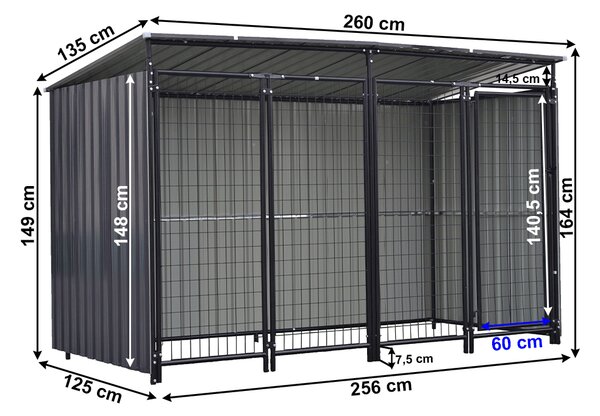 KONDELA Voliéra pro psa, 259x125x148 cm, antracit, DOGNY TYP 3