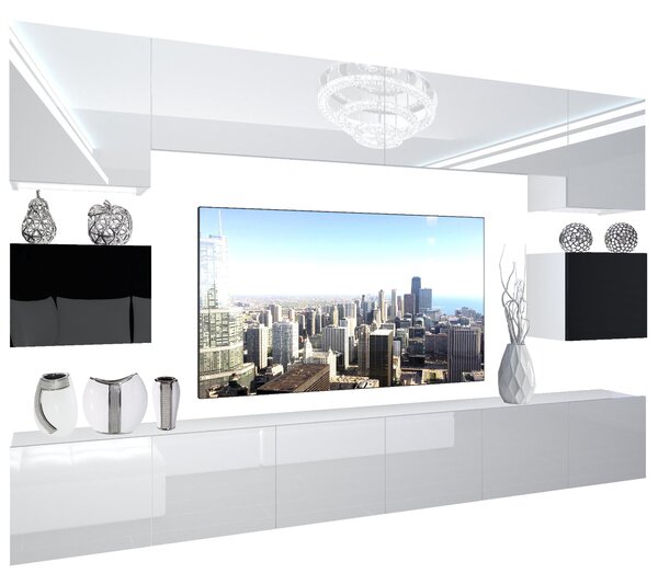 Obývací stěna Belini Premium Full Version bílý lesk / černý lesk+ LED osvětlení Nexum 38
