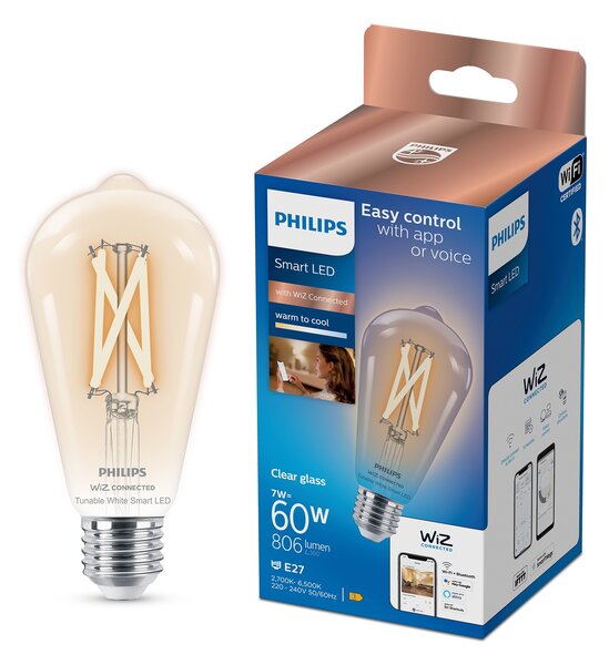 WiZ Smart LED Žárovka Filament čirá 7 W (ekv. 60 W) 806lm 2700-6500K ST64 E27