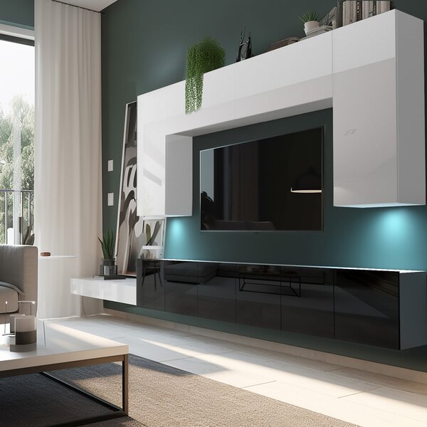 Obývací stěna Belini Premium Full Version bílý lesk / černý lesk + LED osvětlení Nexum 18