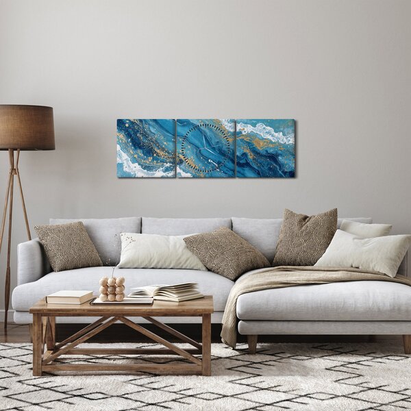 Obraz - Bleděmodrý mramor se zlatem II. (s hodinami) (90x30 cm)