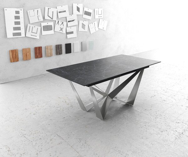 DELIFE Jídelní stůl Edge 180-220x90cm keramika Laminam®Nero Greco antracitová středová podnož plochá ocel stříbrná rozkládací