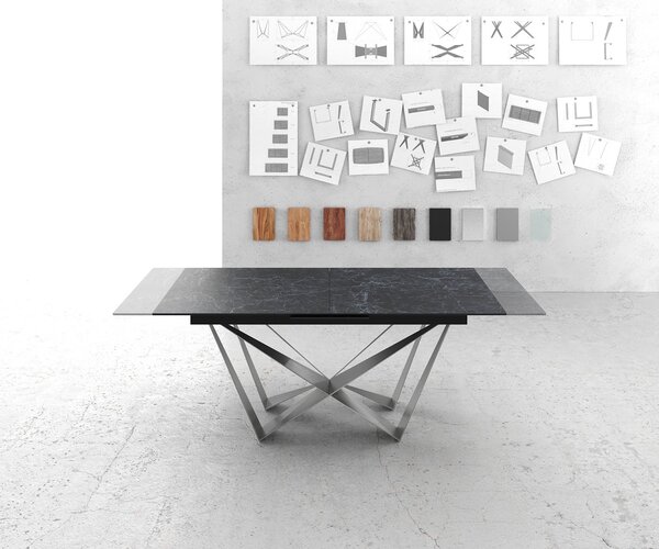 DELIFE Jídelní stůl Edge 180-220x90cm keramika Laminam®Nero Greco antracitová středová podnož plochá ocel stříbrná rozkládací