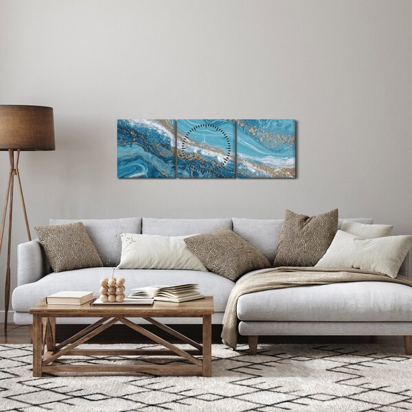 Obraz - Bleděmodrý mramor se zlatem I. (s hodinami) (90x30 cm)