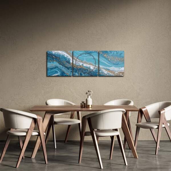 Obraz - Bleděmodrý mramor se zlatem I. (s hodinami) (90x30 cm)