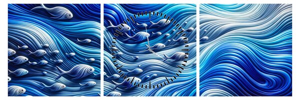 Obraz - Ryby ve vlnách (s hodinami) (90x30 cm)