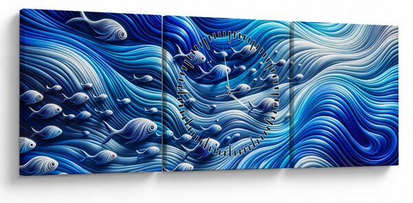 Obraz - Ryby ve vlnách (s hodinami) (90x30 cm)