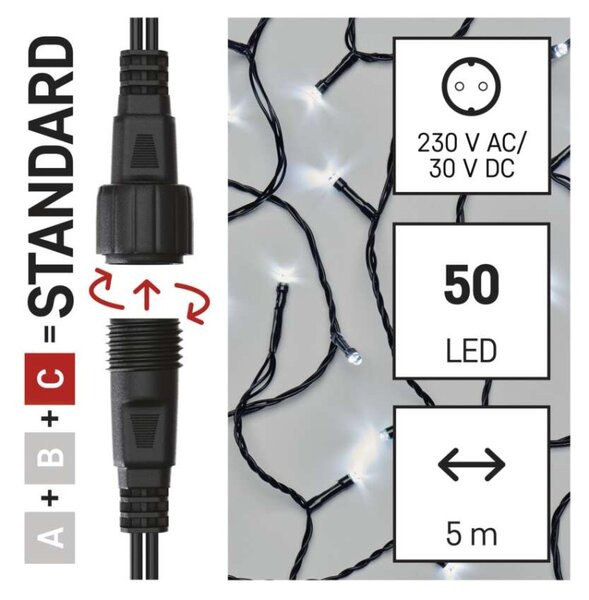 EMOS Standard LED spojovací vánoční řetěz, 5 m, venkovní i vnitřní, studená bílá