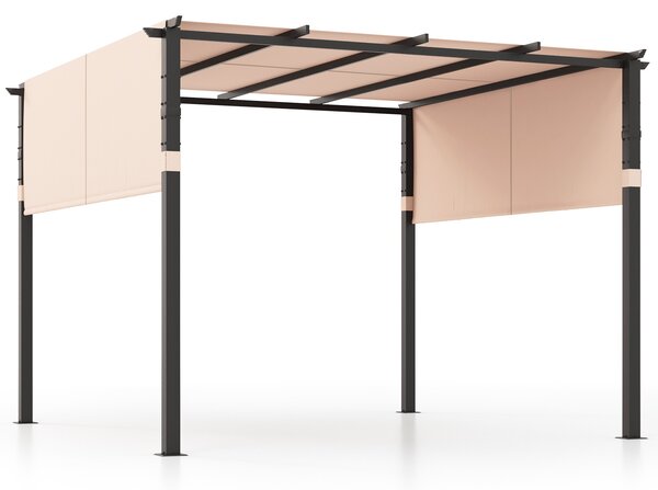 Pergola COSTWAY se 2 nastavitelnými střechami, 3,05x3,05 m, pavilon vodotěsný, stabilní, odolný proti zimě, zahradní pavilon s robustními kovovými sloupky Béžová barva