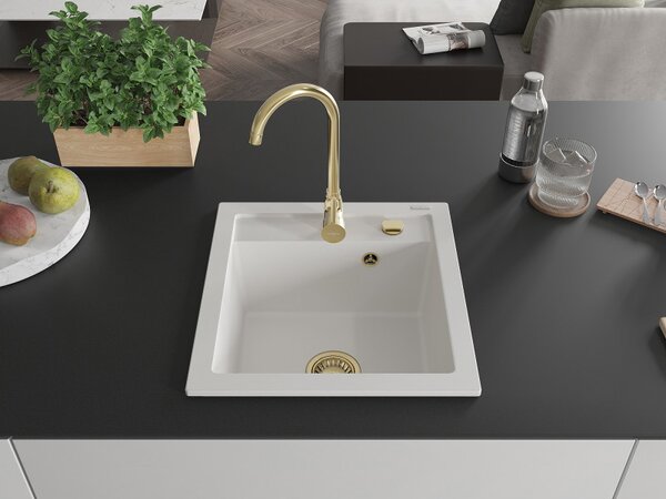 Mexen Vito, granitový dřez 520x490x210 mm, 1-komorový, bílá se zlatým sifonem, 6503521000-20-G