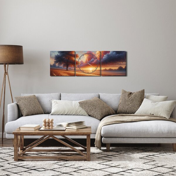 Obraz - Západ slunce v poli (s hodinami) (90x30 cm)