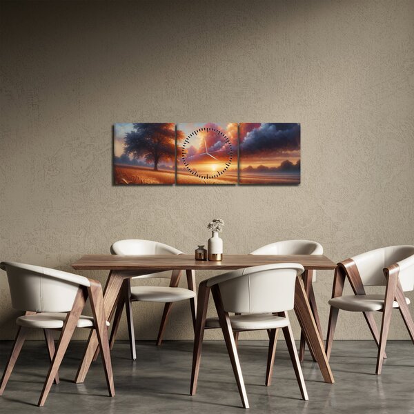 Obraz - Západ slunce v poli (s hodinami) (90x30 cm)