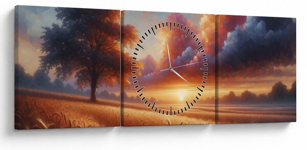 Obraz - Západ slunce v poli (s hodinami) (90x30 cm)