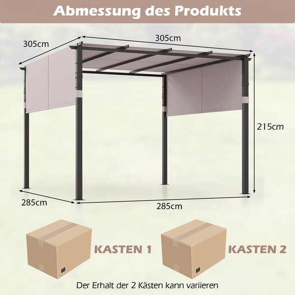 COSTWAY pergola se 2 nastavitelnými střechami, 3,05x3,05m pavilon vodotěsný stabilní ziměodolný, zahradní pavilon s robustními kovovými sloupky šedé barvy
