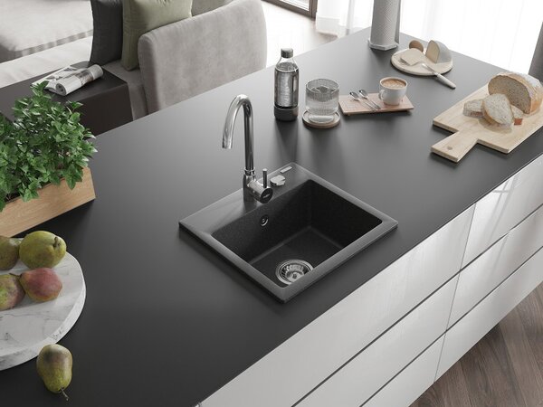 Mexen Milo granitový dřez s jednou komorou 435 x 410 mm, černý s tečkovaným vzorem, chromovaná sifon - 6505441000-76