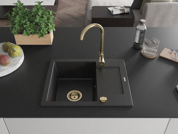 Mexen Enzo, granitový dřez 576x465x174 mm, 1-komorový, černá se zlatým sifonem, 6506571005-77-G