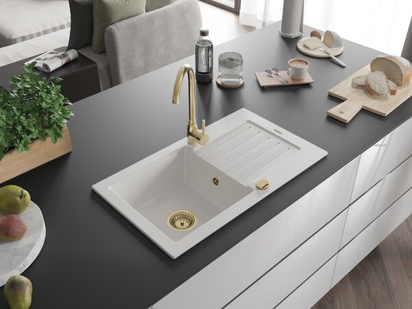Mexen Pablo, granitový dřez 752x436x161 mm, 1-komorový, bílá se zlatým sifonem, 6510751010-20-G
