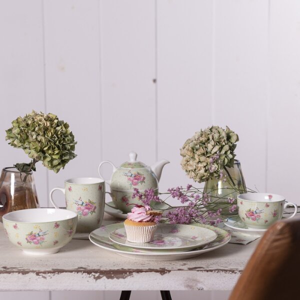 Zelená porcelánová miska s květy a ptáčkem Cheerful Birdie – 500 ml