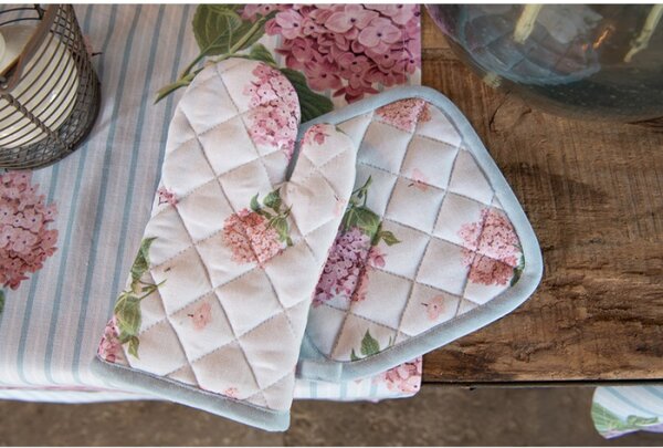 Bavlněná chňapka / podložka pod hrnec pruhovaná se vzorem růžové hortenzie Vintage Grace – 20x20 cm