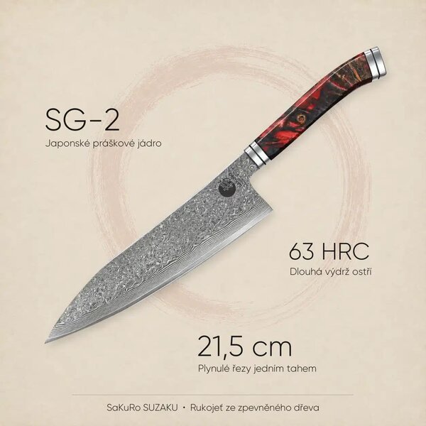 Šéfkuchařský nůž z damaškové oceli SG-2 SaKuRo SUZAKU 21,5 cm