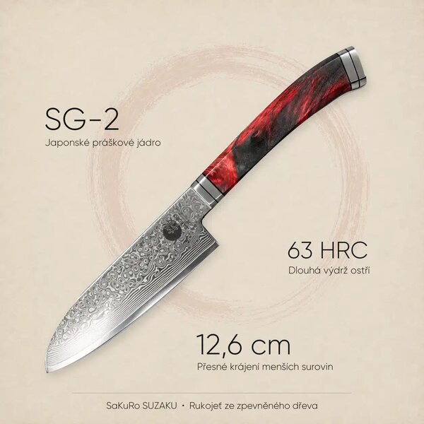 Malý santoku nůž z damaškové oceli SG-2 SaKuRo SUZAKU 12,6 cm