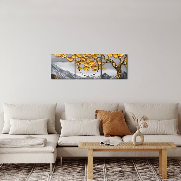 Obraz - Strom se zlatými listy (s hodinami) (90x30 cm)