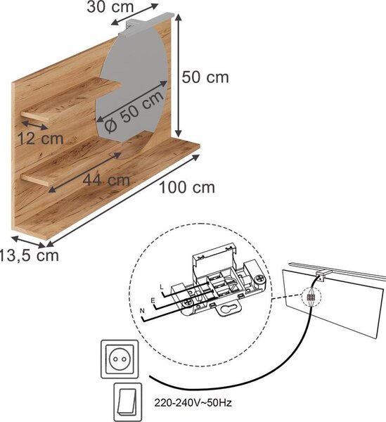 Zrcadlová police Vicco Avena Dub 100 x 50 cm se 3 otevřenými přihrádkami, Model 58564