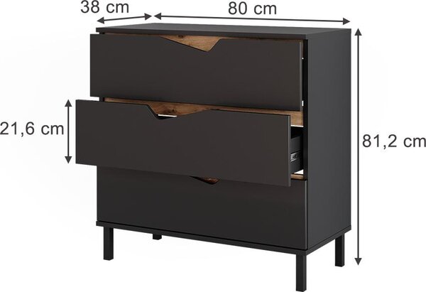 Kredenc Vicco Marelle Antracit/Artisan 80 x 81.2 cm se 3 zásuvkami, Model 57842