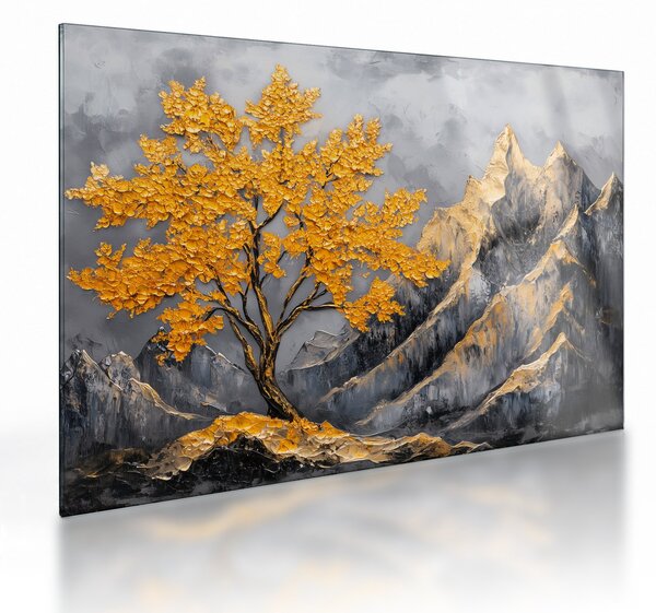 Skleněný obraz - Zlatý strom v horách (70x50 cm)