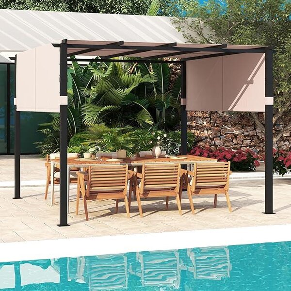 Pergola 305 x 305 cm s plochou střechou, sluneční altán s nastavitelnou a stahovací střechou, přístřešek na terasu s kovovým rámem, béžová barva