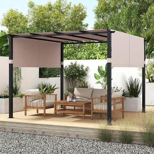 Pergola 305 x 305 cm s plochou střechou, sluneční altán s nastavitelnou a stahovací střechou, přístřešek na terasu s kovovým rámem, béžová barva