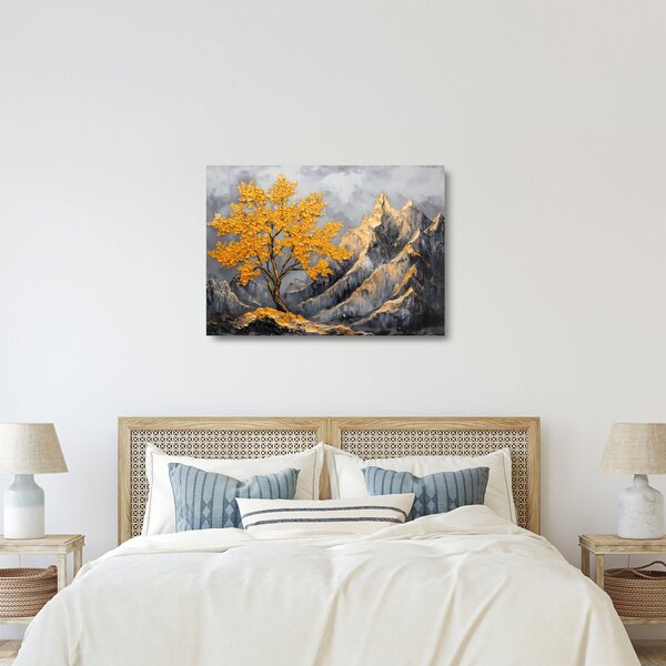 Skleněný obraz - Zlatý strom v horách (70x50 cm)