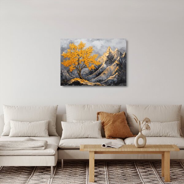 Skleněný obraz - Zlatý strom v horách (70x50 cm)
