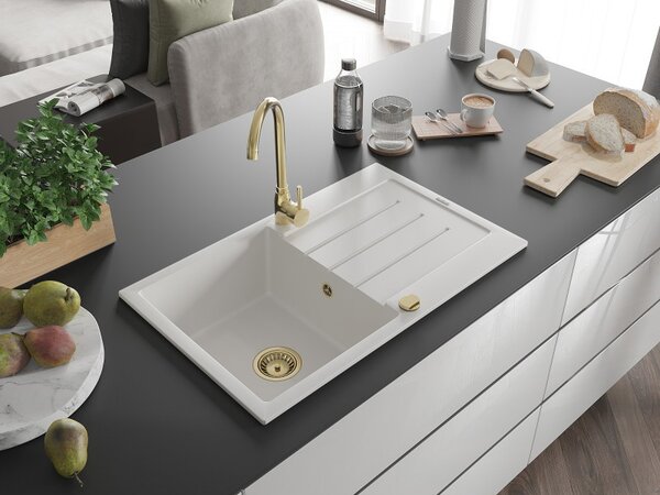 Mexen Bruno, granitový dřez 795x495x200 mm, 1-komorový, bílá se zlatým sifonem, 6513791010-20-G